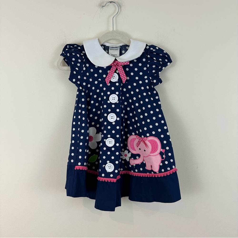 Bonnie Jean Toddler Girls Navy Polka Dot Elephant /Daisy Dress Size 2T